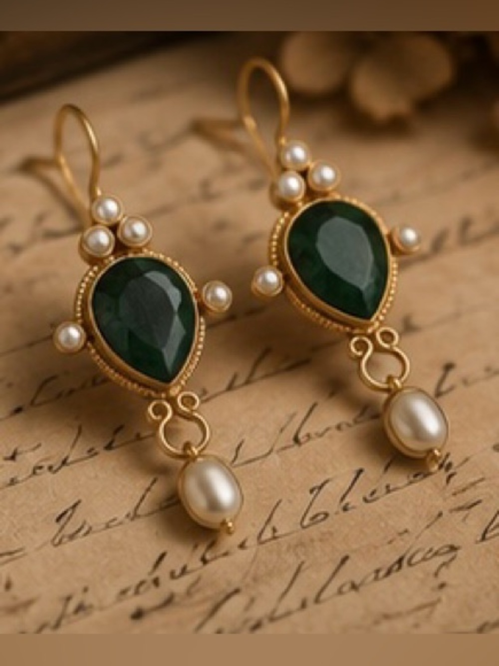 Vintage Emerald Pearl Drop Earrings